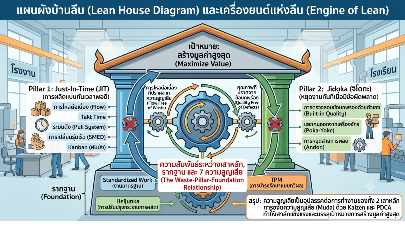 แผนผังบ้านลีน (Lean House Diagram) แสดงฐานราก เสา JIT และ Jidoka และเครื่องยนต์แห่งลีนตรงกลาง