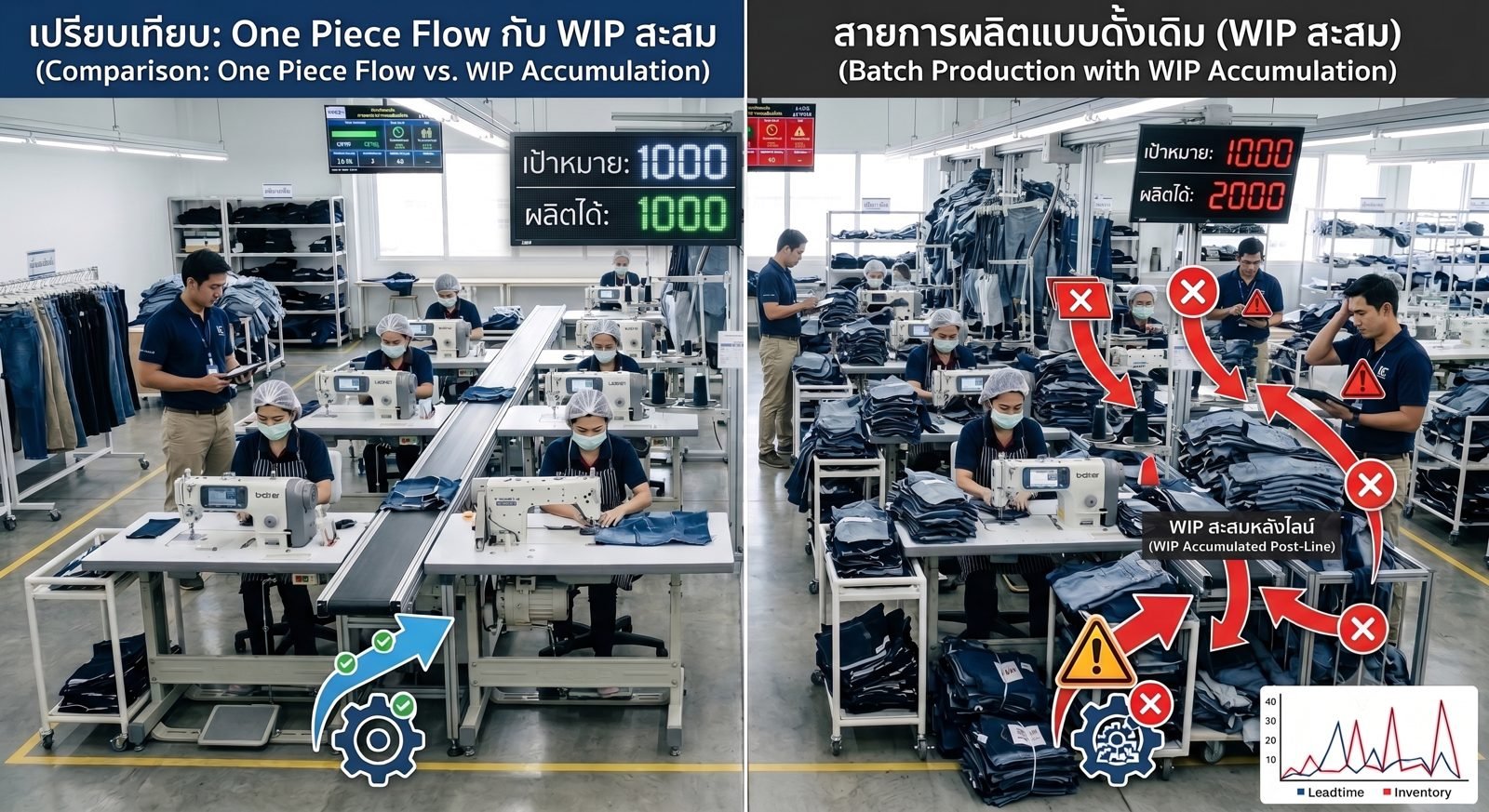 เปรียบเทียบสายการผลิตแบบ One Piece Flow กับสายการผลิตแบบดั้งเดิมที่มี WIP สะสมจากการผลิตเกินความจำเป็น
