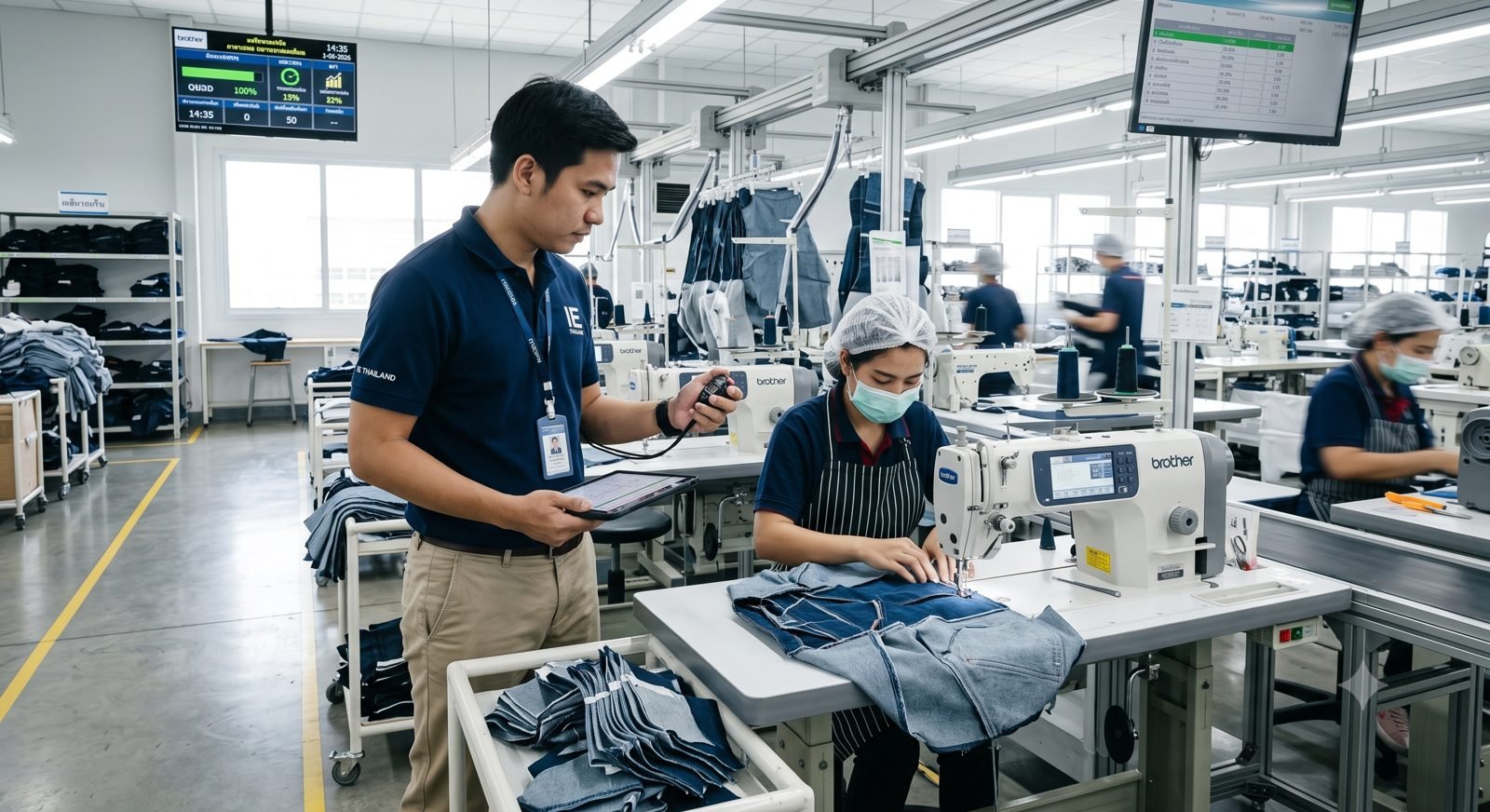 หัวหน้าไลน์ Industrial Engineering จับเวลามาตรฐาน Cycle Time หน้าเครื่องเย็บแพทเทิร์นอัตโนมัติในโรงงานเสื้อผ้า