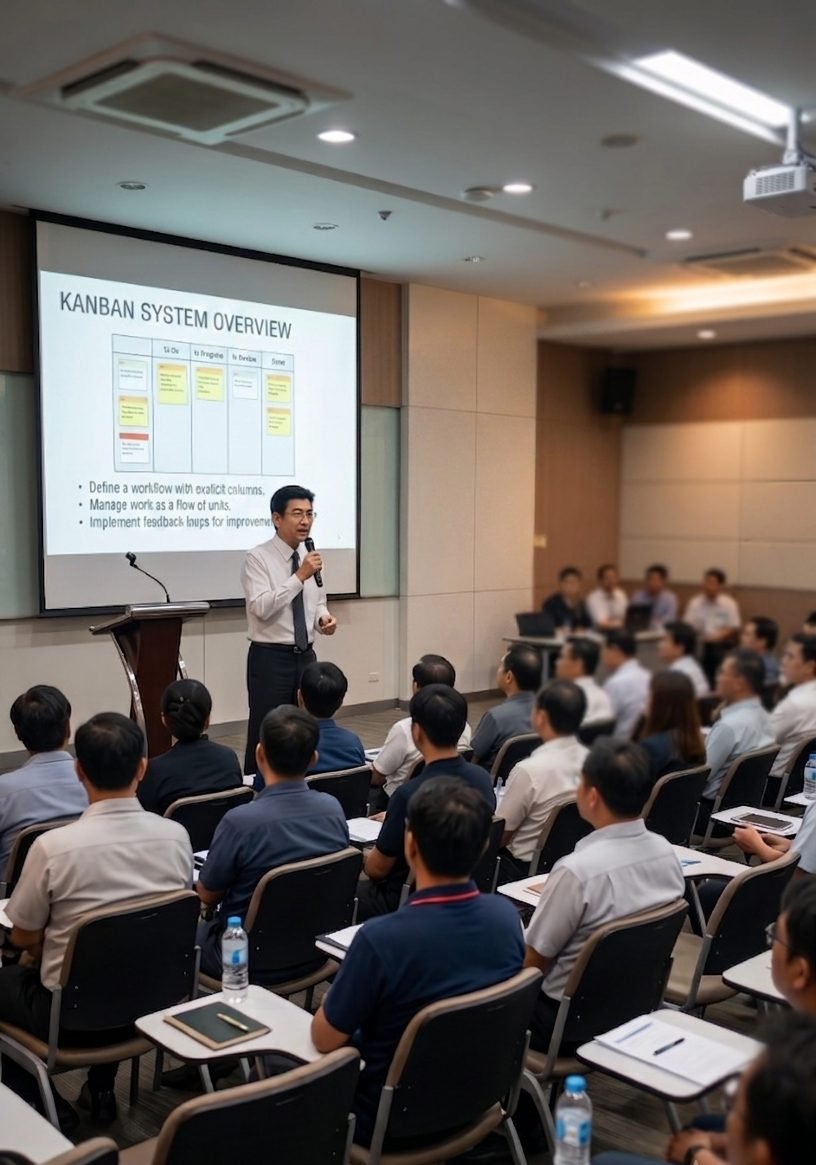 วิทยากรบรรยายหลักสูตร Kanban ในห้องอบรมสัมมนาให้ผู้เข้าร่วมจากโรงงานอุตสาหกรรม